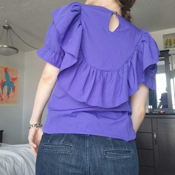 Vintage 80s purple short-sleeved top with puffy sleeves and big ruffled collar - Picture 6 of 14